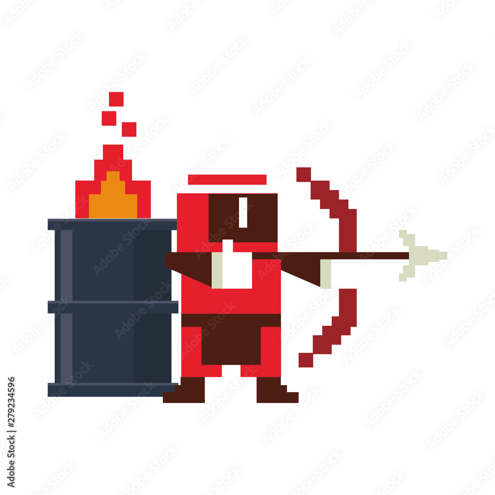 Fototapeta Videogame pixelated ninja with arch and barrel in fire