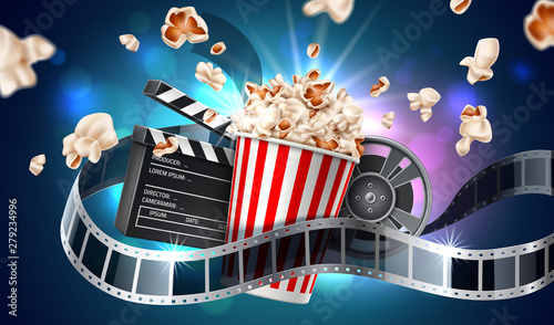 Vector movie cinema poster flying popcorn tape photo