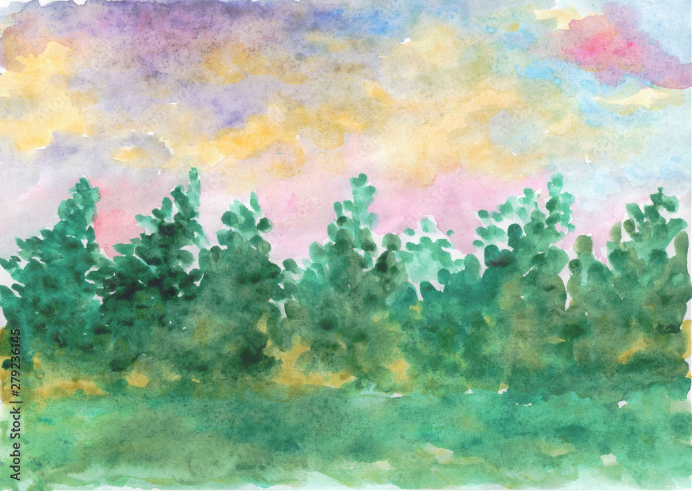 abstract watercolor background: forest belt, landscape green trees and blue bright sky