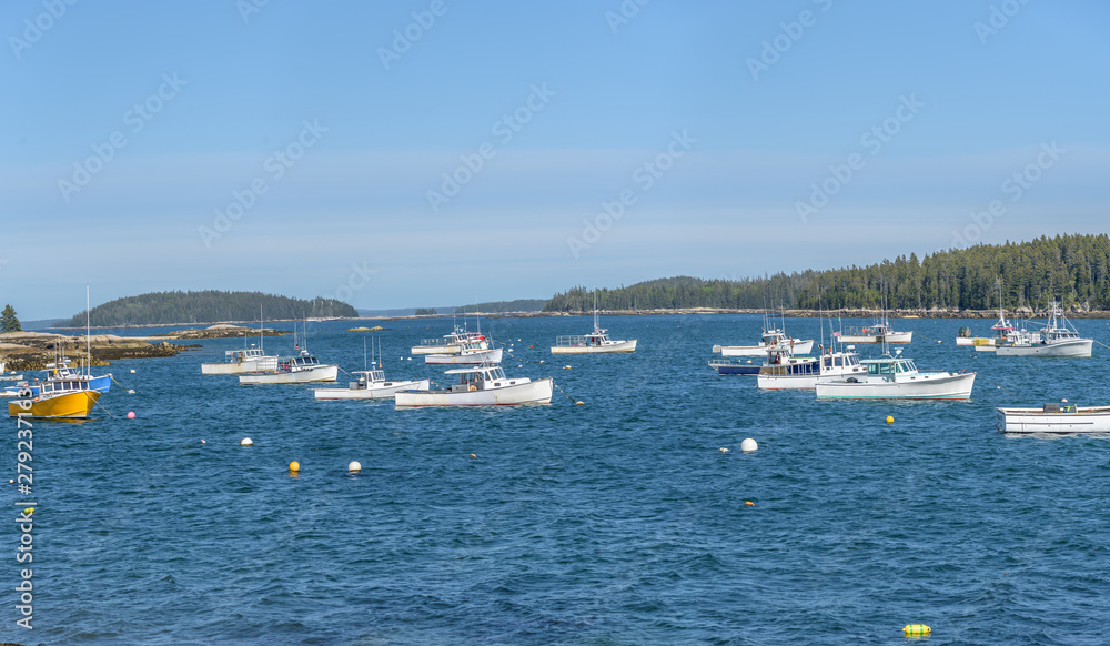 New England Harbor in Maine with Many Lobster Boats Anchored in a Bay
