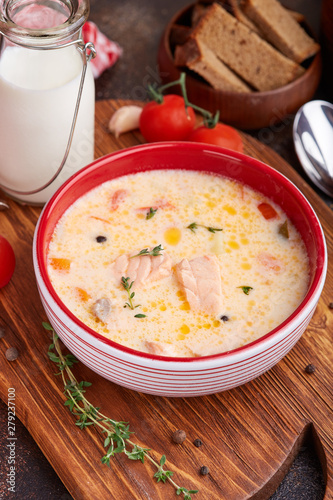 Soup with salmon fish, cream, potato and tomato