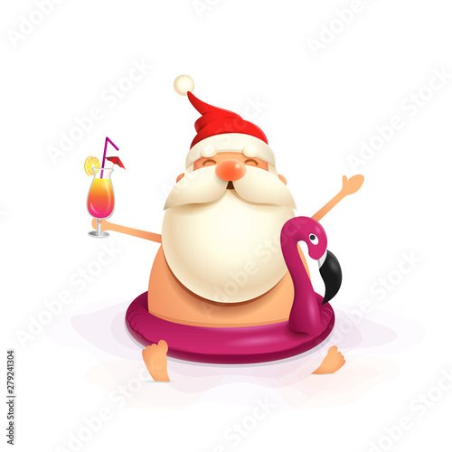 Santa Claus with Flamingo float swim and celebrate summer - vector illustration isolated on white background