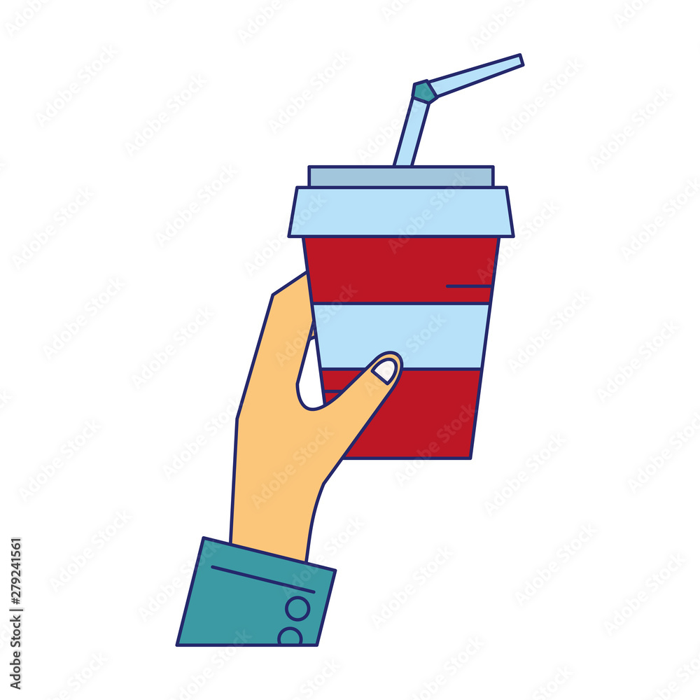 Hand grabbing soda cup with straw blue lines