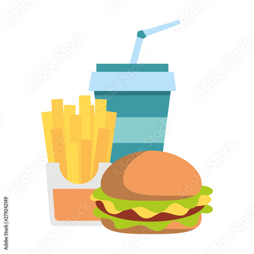 Fast food hamburger and french fries with soda cup