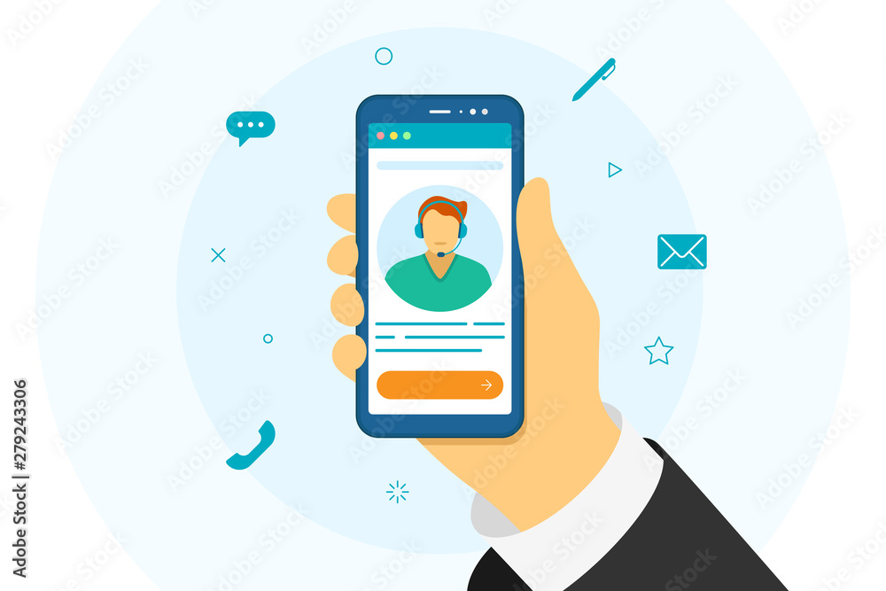Customer and operator online technical support 24-7. White male hotline call center consultant advises client. Online assistant virtual help service on smartphone. Vector illustration