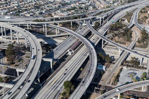 Aerial view of the 110 and 105 freeway interchange ramps near downtown Los Angeles in Southern California.