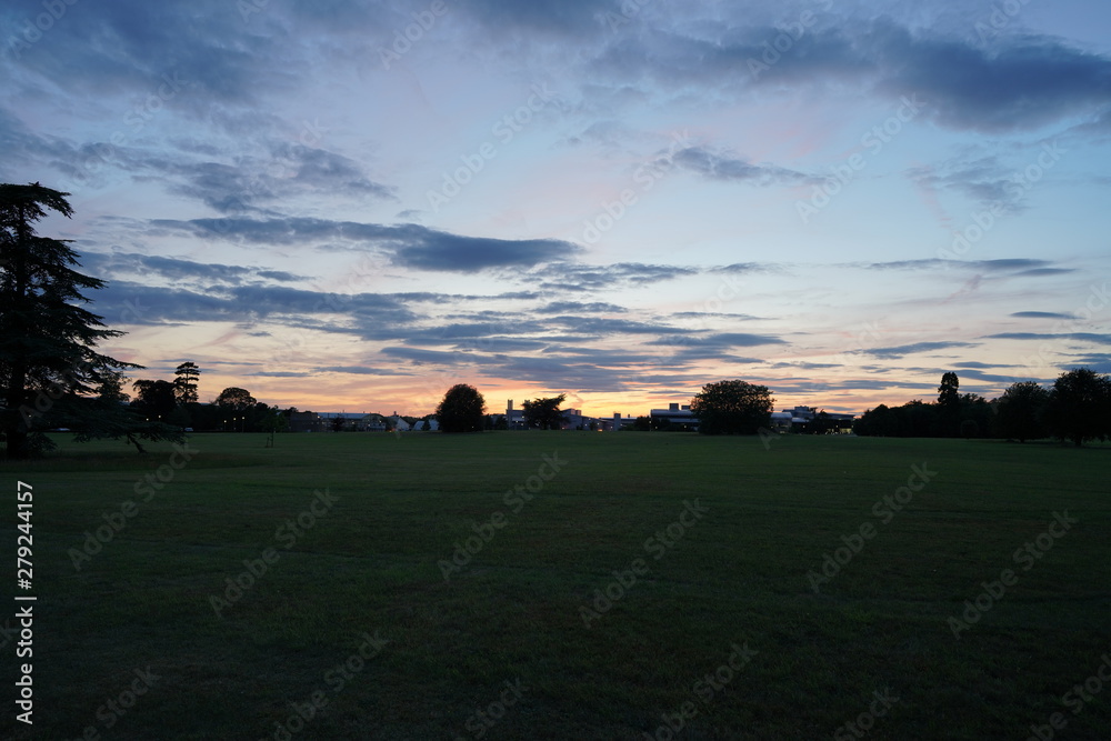 Fototapeta premium fresh green sunset landscape and blue sky with clouds