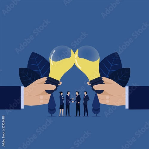 Two hand of businessman clanging idea glass symbol of agreement and success.