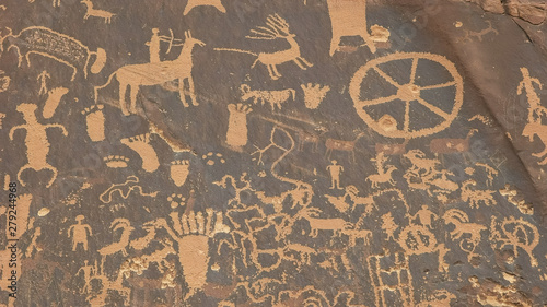 shot of american indian art on newspaper rock, utah