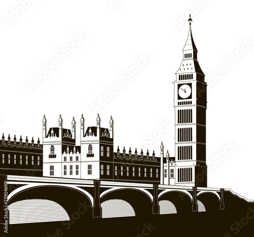 Illustration of Palace of Westminster, Elizabeth Tower and Westminster Bridge.