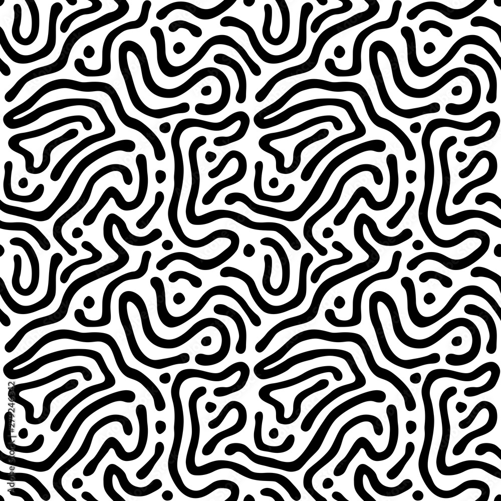 Vector seamless maze pattern. Abstract wavy black and white background.