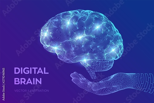 Brain. Digital brain in hand. 3D Science and Technology concept. Neural network. IQ testing, artificial intelligence virtual emulation science technology. Brainstorm think idea. Vector illustration.