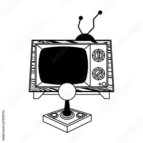 Retro videogame console gamepad with old tv in black and white