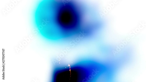 Lively colorful sparks burst on blue, black, purple and blurred shapes moving on a white background. Graphic animation.