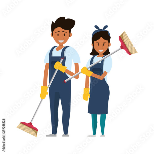 Cleaners workers with cleaning equipment
