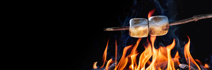 Stickers Kamperen Twee marshmallows roosteren boven vuur  © Philip Steury