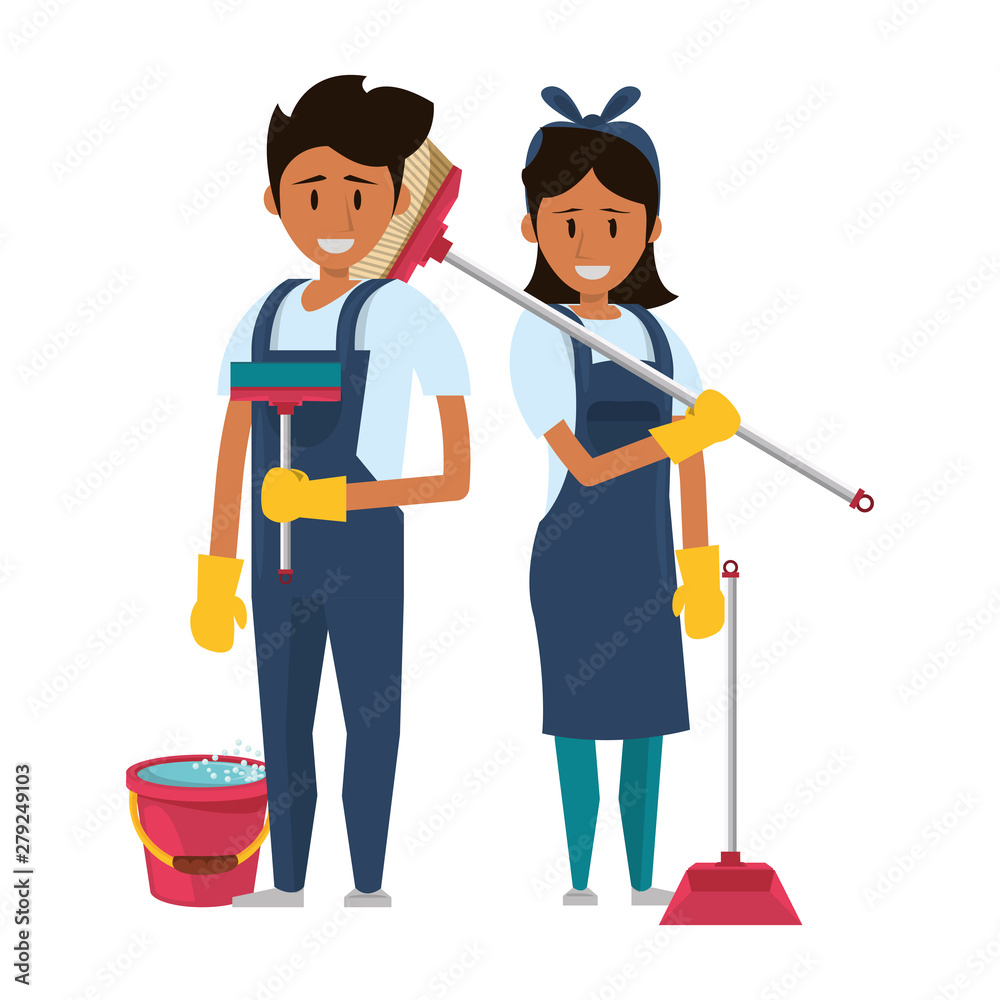 Cleaners workers with cleaning equipment Cleaners workers with cleaning equipment