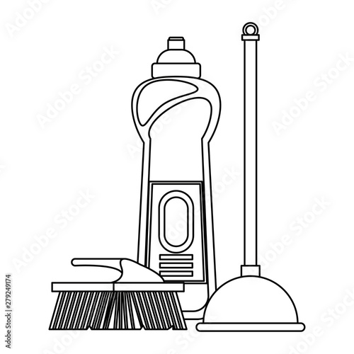 Set of cleaning equipment and products in black and white