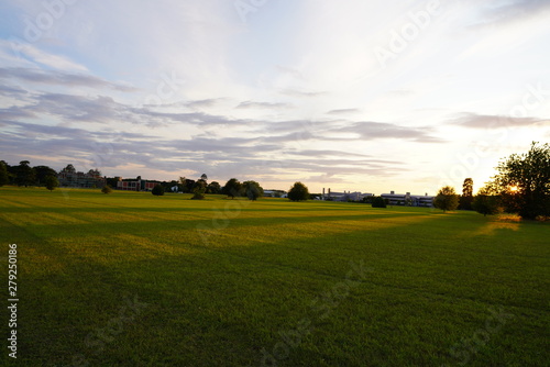 fresh green sunset landscape with blue sky and clouds