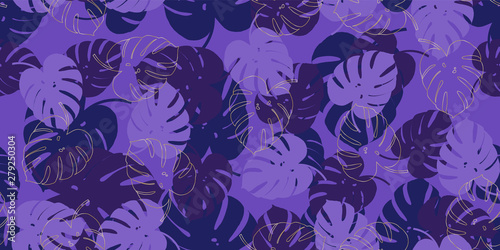 Purple pattern monstera tropical seamless vector with gold monstera's foliage background. Exotic wallpaper