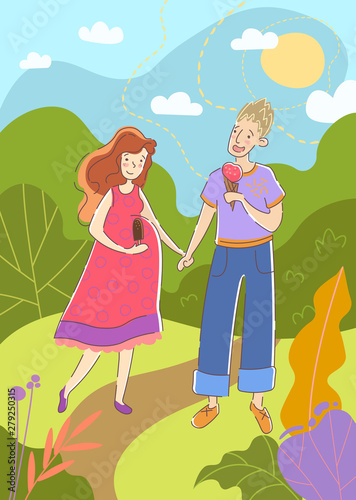 Young couple with pregnant wife walking hand in hand in a park in summer enjoying ice creams as they await the birth of their unborn baby  colored cartoon vector illustration