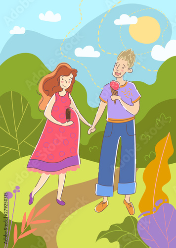 Young couple with pregnant wife walking hand in hand in a park in summer enjoying ice creams as they await the birth of their unborn baby, colored cartoon vector illustration
