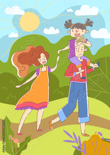 Happiness concept. Couple enjoy a day in a park on a hot summer day with the father giving his little daughter a piggyback ride as the mother walks alongside holding the girls hand, cartoon vector.