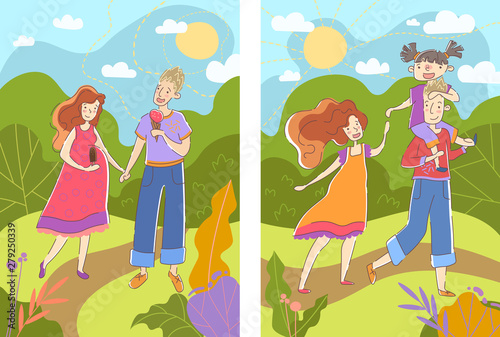 Before and after images of a pregnant woman showing her walking in a summer park with her husband with a swollen baby bump followed by them with their baby daughter giving her a piggyback ride. Vector