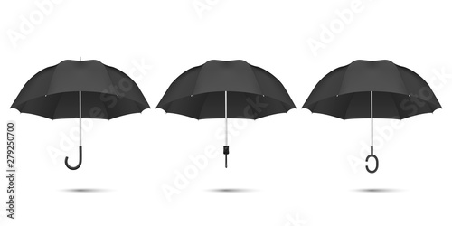 Vector 3d Realistic Render Black Blank Umbrella Icon Set Closeup Isolated on White Background. Design Template of Opened Parasols for Mock-up, Branding, Advertise etc. Top and Front View