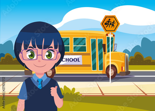 school boy with bag in the street bus