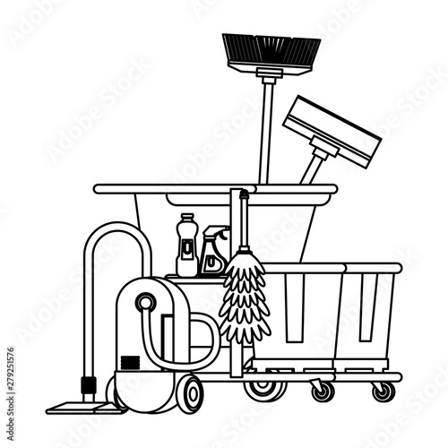 Set of cleaning equipment and products in black and white