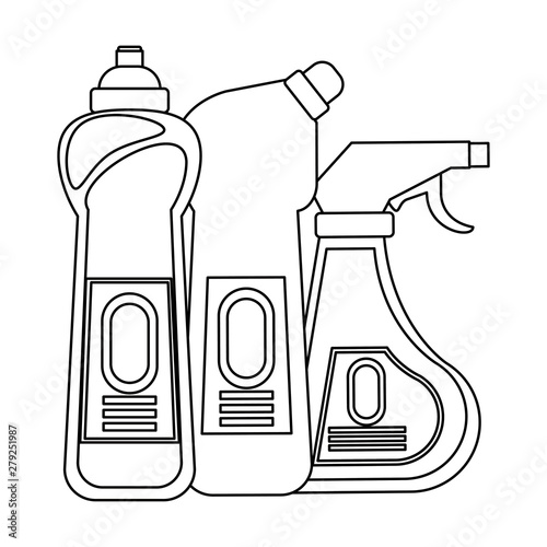 Set of cleaning equipment and products in black and white