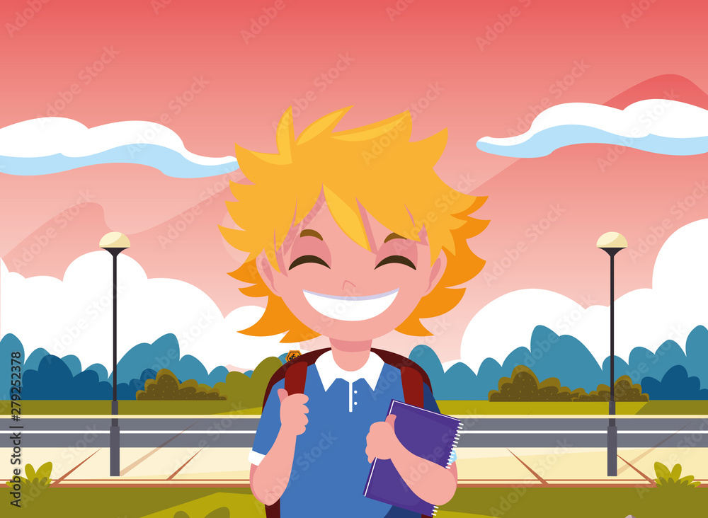 school boy with bag in the park