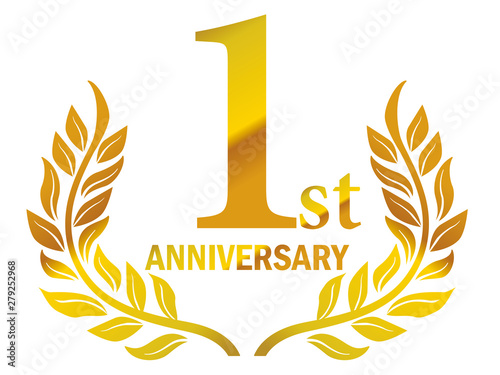 月桂樹をモチーフにしたアニバーサリーのゴールドメタリックのロゴ＿1周年・月桂冠・ローレル_1st Anniversary logo