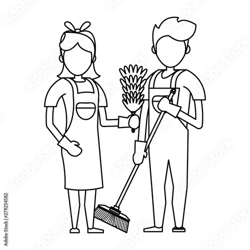 Cleaners workers with cleaning equipment in black and white