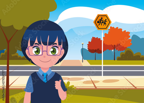 school girl with bag in the street