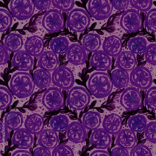 abstract violet flowers with branches drawn with watercolors on a gray background