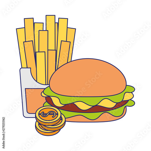 Fast food hamburger and french fries with coins blue lines