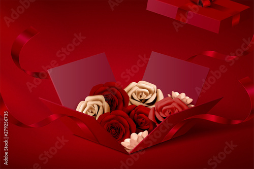 Paper roses in open gift box