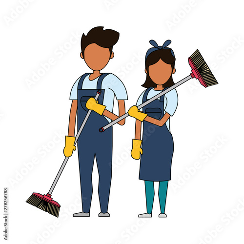 Cleaners workers with cleaning equipment