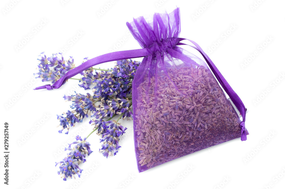 Summery flower fragrance, relaxing naturist gift and floral scent concept  theme with dried lavender in a violet cloth bag next to fresh purple  flowers isolated on white background Stock Photo | Adobe