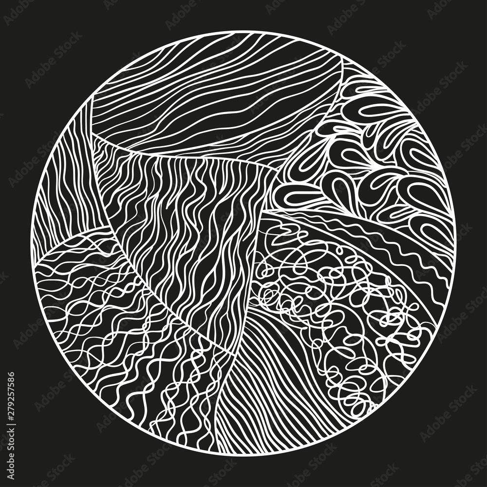 Hand drawn circle zendala with abstract patterns on isolation