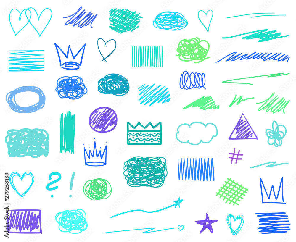 Colored infographic elements isolated on white. Set of sketchy signs. Hand drawn symbols Colored infographic elements isolated on white. Set of sketchy signs. Hand drawn symbols