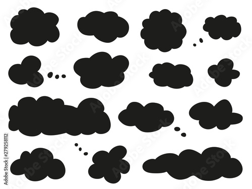 Clouds on isolation background. Doodles on white. Hand drawn samples. Black and white illustration