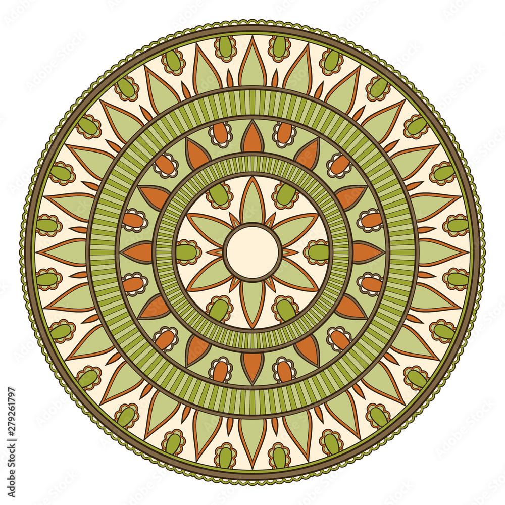 Decorative colorful ethnic mandala pattern. Design element for greeting card, banner or poster in oriental style. Hand drawn illustration