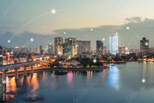 Smart city and wireless communication network concept. Digital network connection lines of Hanoi at Hoang Cau lake