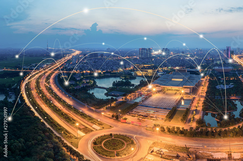 Smart city and wireless communication network concept. Digital network connection lines of Hanoi, Vietnam