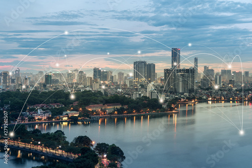 Smart city and wireless communication network concept. Digital network connection lines of Hanoi city at West Lake or Ho Tay