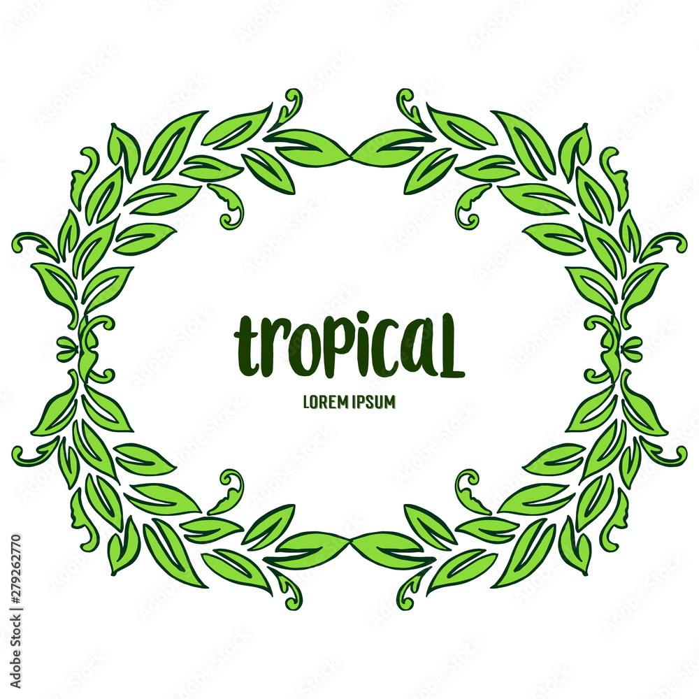 Greeting card tropical with bright green leaf frame, on white background. Vector