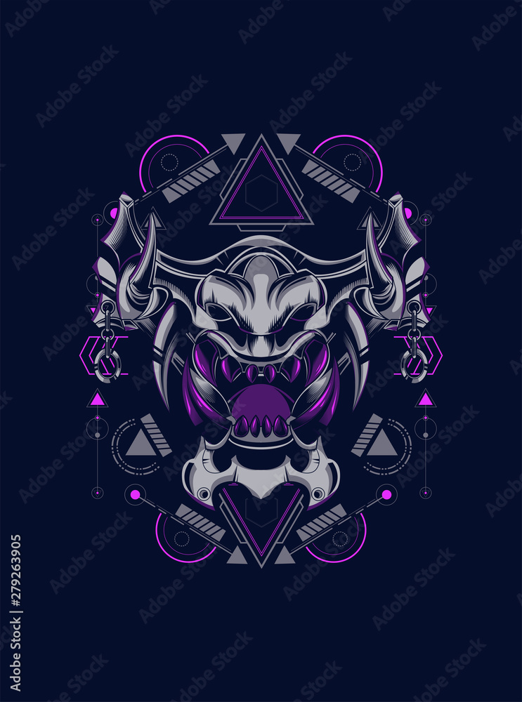Devil mask head logo illustration with sacred geometry pattern as the background